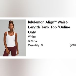 Lululemon Align Waist-Length Tank, size 14, White